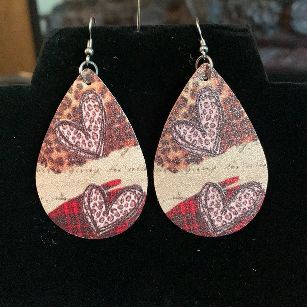 T&M Treasures Leopard & Plaid Teardrop Love Dangle Earrings, NEW